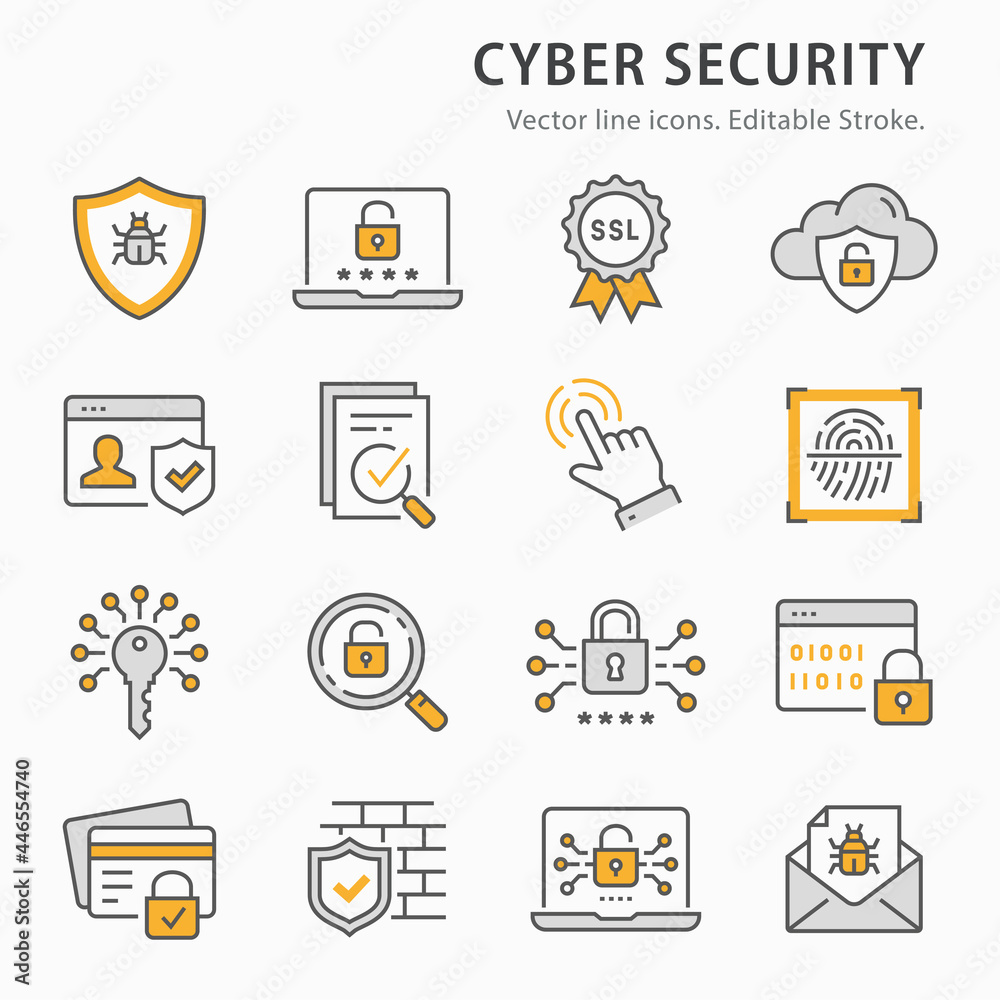 Cyber security icon set. Collection of password, email virus threat, digital key and more. Vector illustration. Editable Stroke. Cyber security icon set. Collection of password, email virus threat, digital key and more. Vector illustration. Editable Stroke.