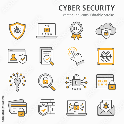 Cyber security icon set. Collection of password, email virus threat, digital key and more. Vector illustration. Editable Stroke.