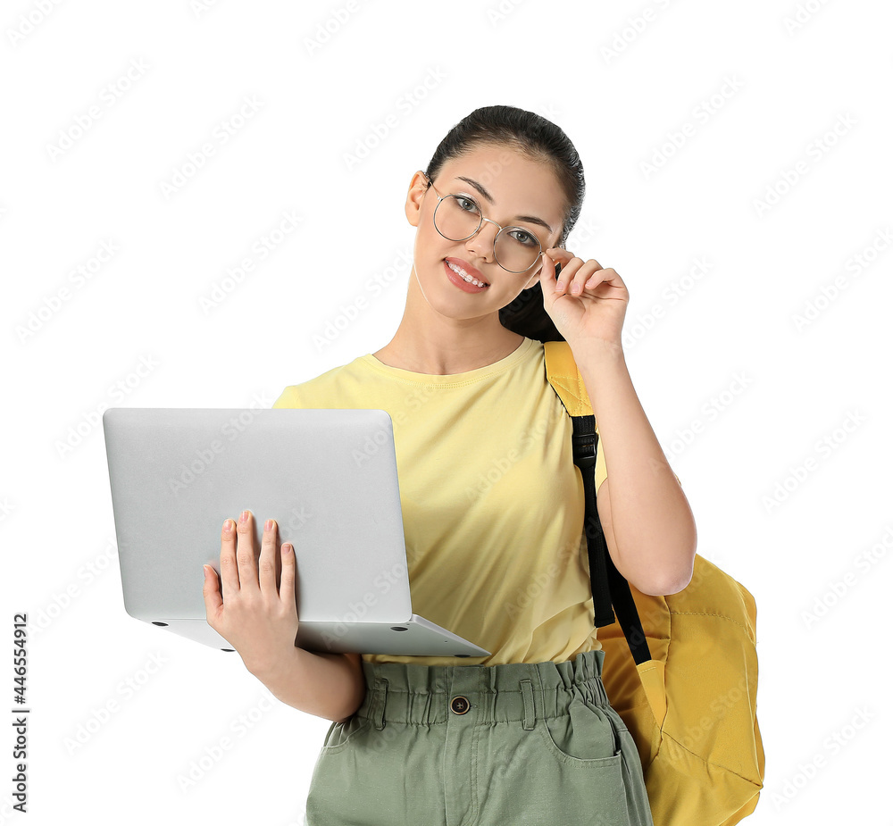Female student with laptop on white background Female student with laptop on white background