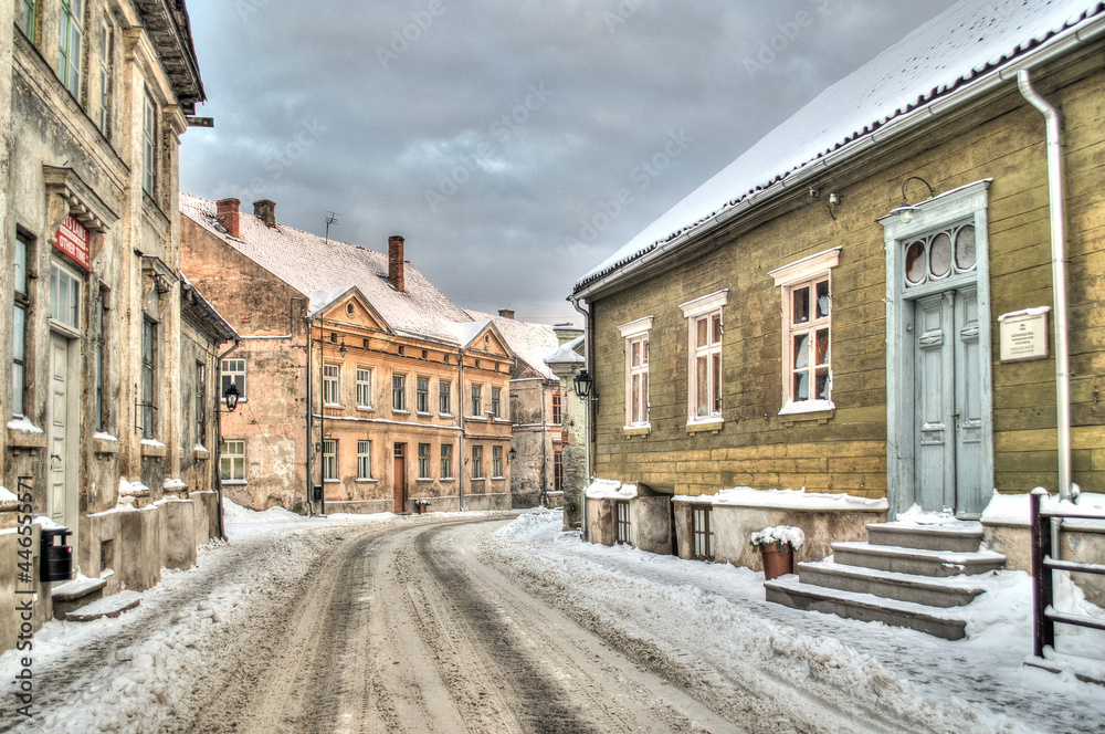Kuldiga old town with historical houses in winter day, Latvia.