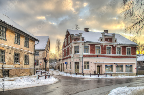 Kuldiga old town with historical houses in winter day, Latvia.