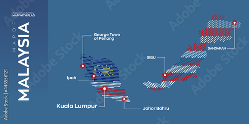 Malaysia map with flag info graphic. Abstract vector map of Malaysia with capital and major cities. Dots composition map on dark background. 