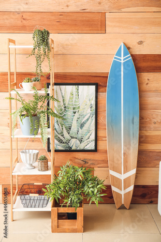 Interior of modern stylish room with shelf unit and surfboard © Pixel-Shot