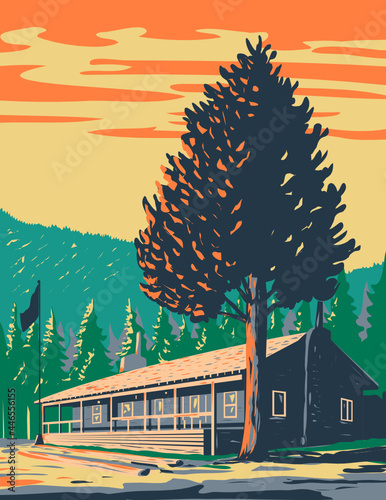 WPA poster art of Roosevelt Lodge Cabins located in the Tower-Roosevelt area in Yellowstone National Park, Wyoming USA done in works project administration style or federal art project style.