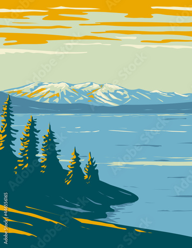 WPA poster art of Yellowstone Lake, the largest body of water located within Yellowstone National Park, Wyoming USA done in works project administration style or federal art project style. photo
