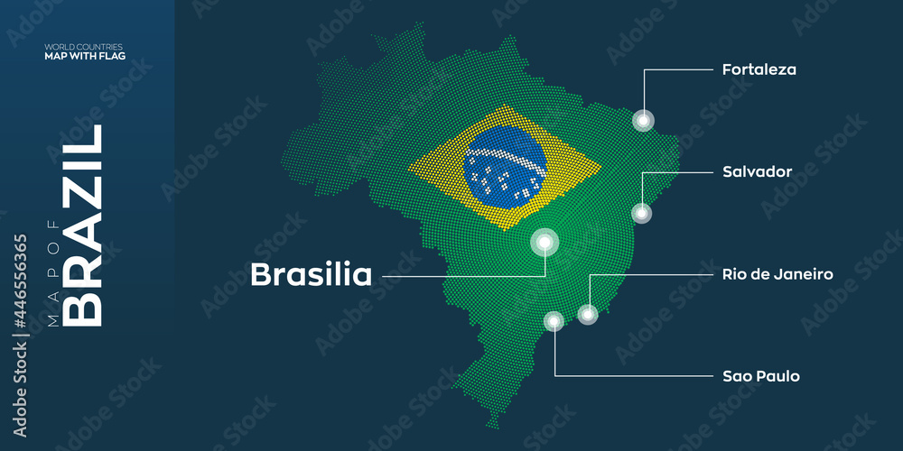 Brazil map with flag info graphic. Abstract vector map of Brazil with capital and major cities. Dots composition map on dark background. 