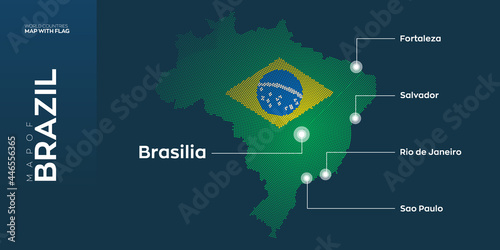 Brazil map with flag info graphic. Abstract vector map of Brazil with capital and major cities. Dots composition map on dark background. 