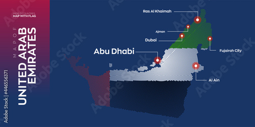 United Arab Emirates map with flag info graphic. Abstract vector map of United Arab Emirates with capital and major cities. Dots composition map on dark background. 