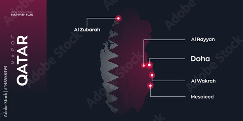 Qatar map with flag info graphic. Abstract vector map of Qatar with capital and major cities. Dots composition map on dark background. 