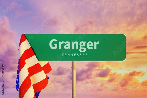 Granger - Tennessee/USA. Road or City Sign. Flag of the united states. Sunset Sky.