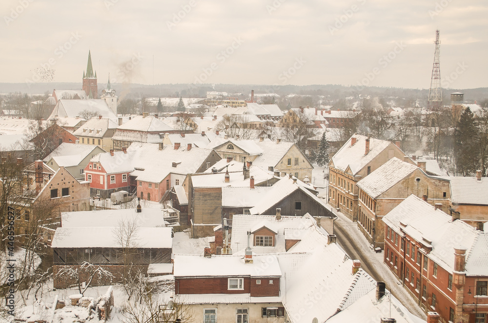 Aerial view of Kuldiga old town in winter day, Latvia.