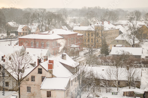Aerial view of Kuldiga old town in winter day, Latvia.