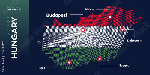 Hungary map with flag info graphic. Abstract vector map of Hungary with capital and major cities. Dots composition map on dark background. 