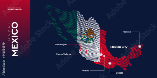 Mexico map with flag info graphic. Abstract vector map of Mexico with capital and major cities. Dots composition map on dark background. 