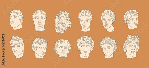 A set of Antique Sculptures in a Minimalistic, Trendy Linear style. Vector illustration of Ancient Greek Gods