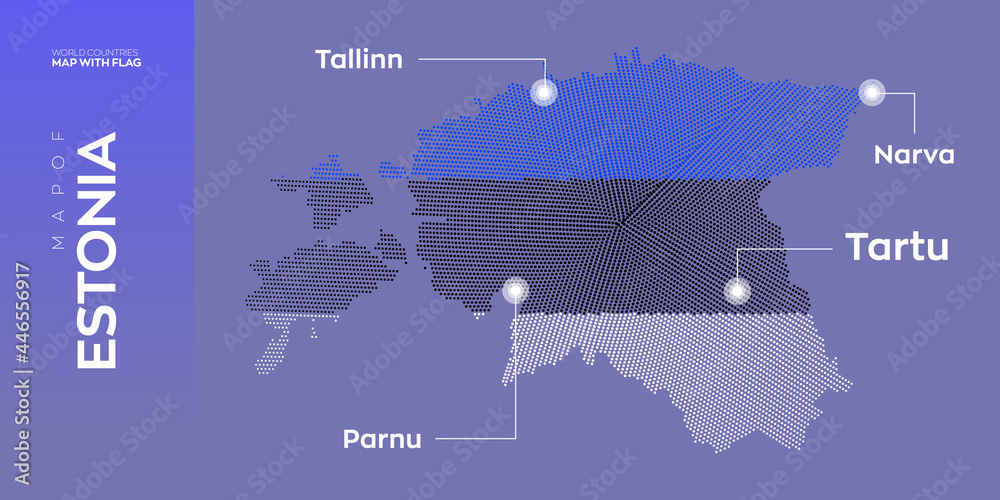 Estonia map info with flag graphic. Abstract vector map of Estonia with capital and major cities. Dots composition map on dark background. 