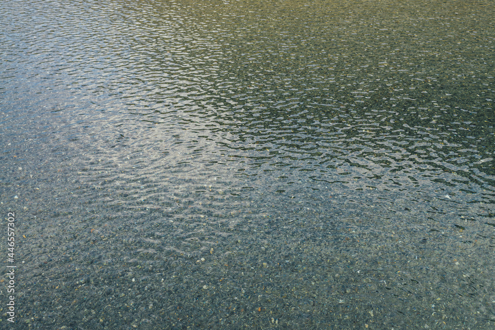 Texture of transparent calm water of lake with stony bottom. Meditative ripples on clear water surface. Nature minimal background of beautiful lake of iridescent color - blue, green, turquoise, azure. Texture of transparent calm water of lake with stony bottom. Meditative ripples on clear water surface. Nature minimal background of beautiful lake of iridescent color - blue, green, turquoise, azure.