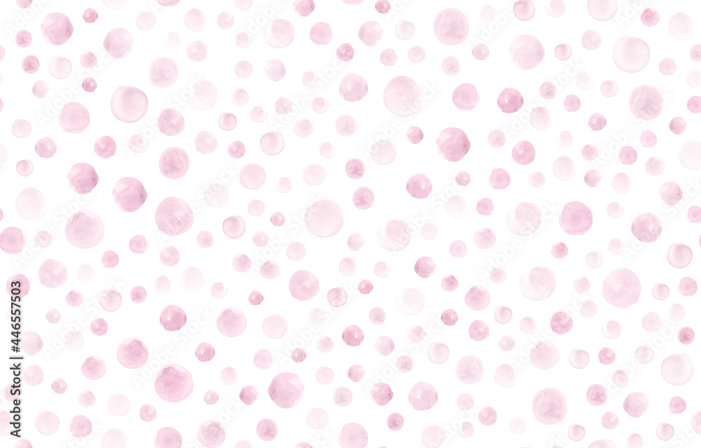 Seamless Rose Watercolor Circles. Vintage Hand Paint Dots Wallpaper. Geometric Hand Drawn Fabric. Cute Pink Watercolor