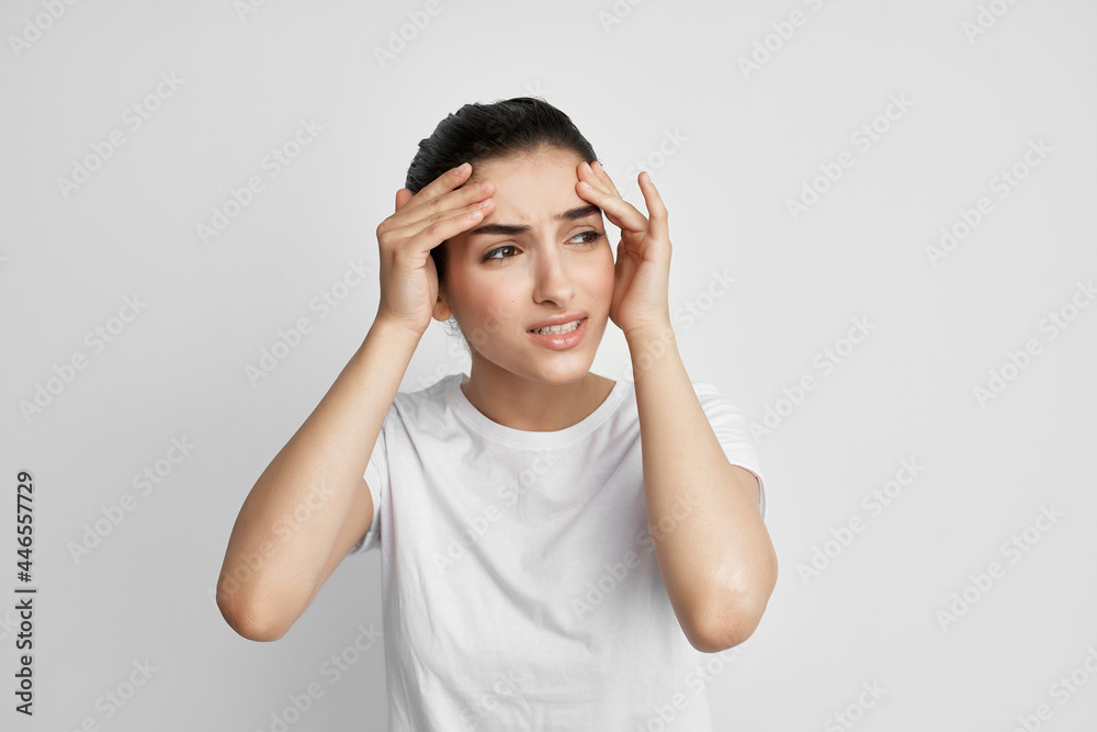 woman with headache health problems isolated background depression migraine woman with headache health problems isolated background depression migraine
