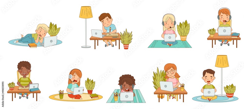 Home Study and Distance Learning with Children In Front of Laptop and Tablet PC Training and Doing Homework Vector Set