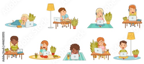 Home Study and Distance Learning with Children In Front of Laptop and Tablet PC Training and Doing Homework Vector Set