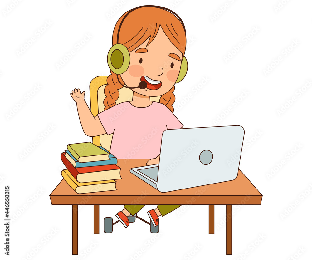 Home Study and Distance Learning with Smiling Girl In Front of Laptop Training and Doing Homework Vector Illustration Home Study and Distance Learning with Smiling Girl In Front of Laptop Training and Doing Homework Vector Illustration