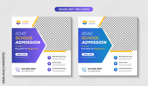 Kids school admission social media post & back to school web banner template or square flyer poster design
