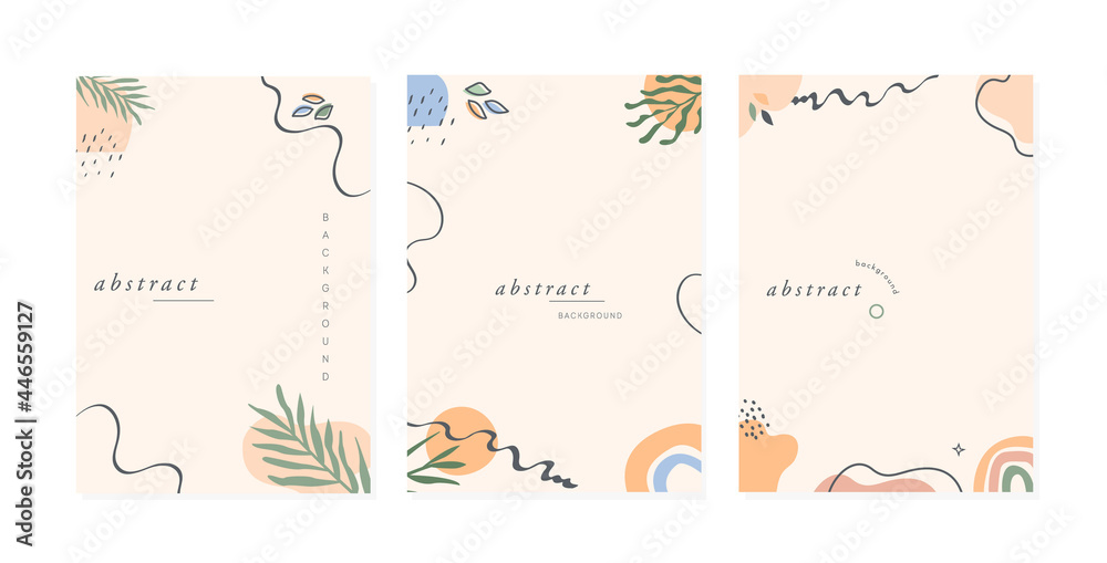Set of trendy abstract floral vertical templates with tropical palm leaves, rainbow and abstract shapes and lines. Good for cover, invitation, banner, placard, brochure, poster, card or flyer. Vector. Set of trendy abstract floral vertical templates with tropical palm leaves, rainbow and abstract shapes and lines. Good for cover, invitation, banner, placard, brochure, poster, card or flyer. Vector.