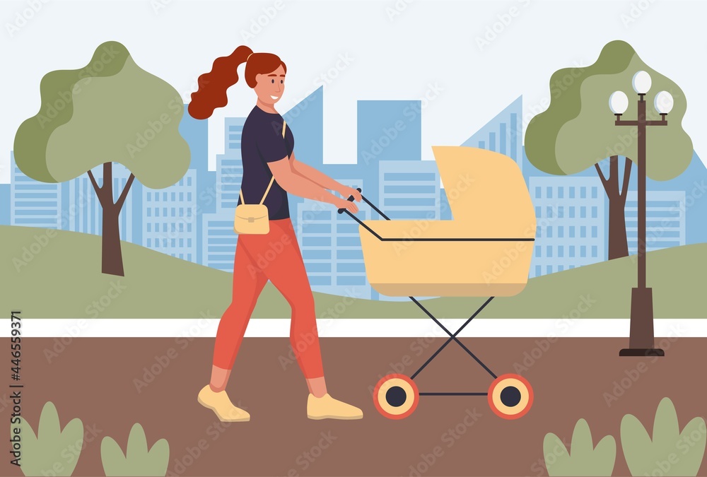 A young woman with a stroller is walking through the park. Mom and child, urban landscape. Flat vector illustration