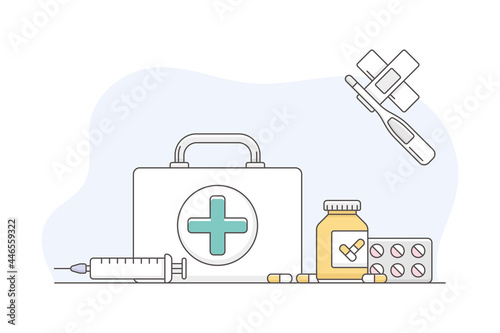 Medicine with First Aid Kit Box and Pills in Bottle Line Vector Illustration