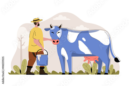 Dairy farming concept. Farmer stands by cow and holds bucket of milk situation. Livestock, animal husbandry people scene. Vector illustration with flat character design for website and mobile site