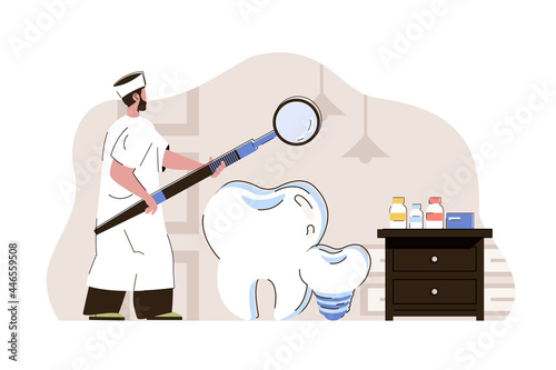 Dental medicine concept. Dentist examines teeth, diagnoses and prescribes treatment situation. Medical services people scene. Vector illustration with flat character design for website and mobile site