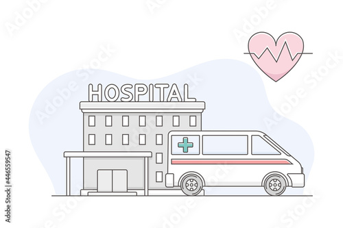 Medicine with Hospital Building and Ambulance Car Line Vector Illustration