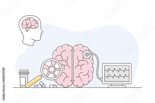 Medicine with Brain Checkup and Examination with Magnifying Glass Line Vector Illustration