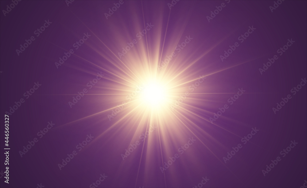 Special lens flash, light effect. The flash flashes rays and searchlight. illust.White glowing light. Beautiful star Light from the rays. The sun is backlit. Bright beautiful star. Sunlight. Glare.	