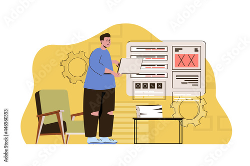 Machine language concept. Programmer works on laptop, gives instruction set situation. Software development people scene. Vector illustration with flat character design for website and mobile site