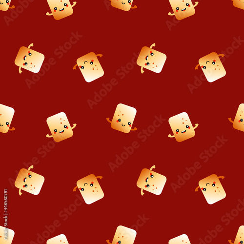 Cute and little cartoon style golden brown toasted marshmallow characters vector seamless pattern background.
