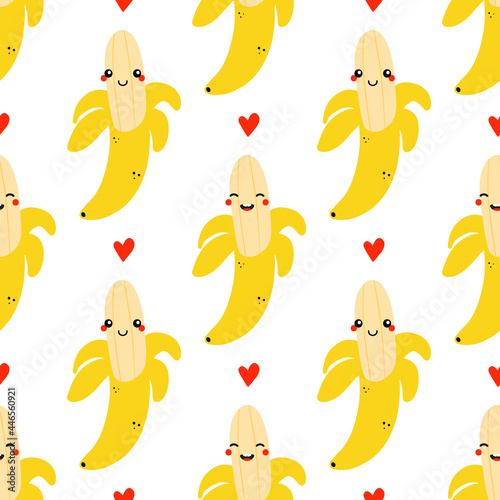 Cute cartoon style half peeled banana fruit characters and red hearts vector seamless pattern background.