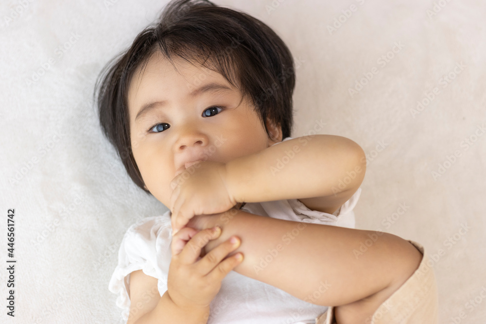 寝転がって、足を舐める赤ちゃん(1歳、日本人、女の子)