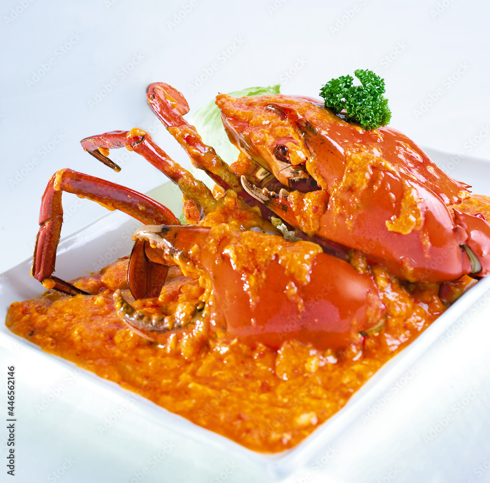 wok stir fried big meat crab seafood with chilli sauce, golden salted