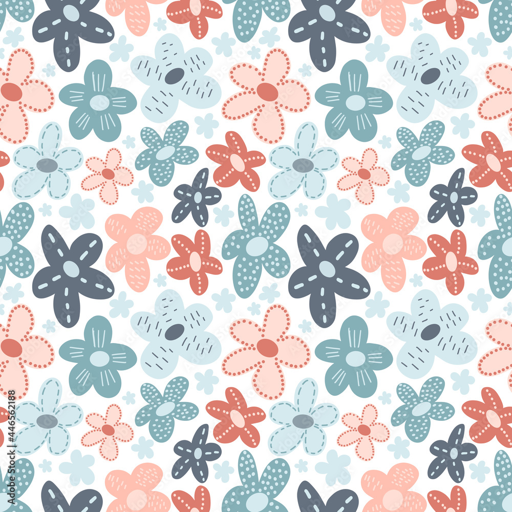 Cute ditsy floral seamless pattern with hand drawn doodle flowers in ...