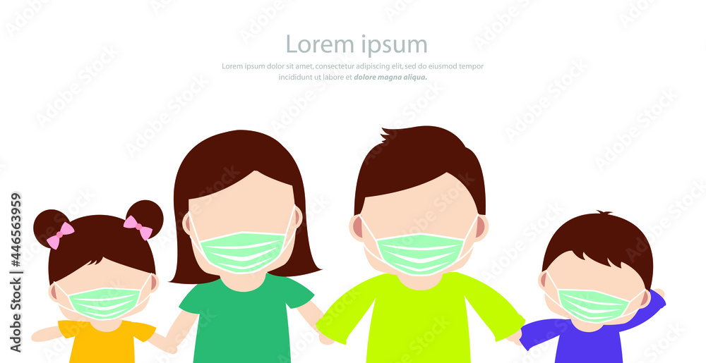Family wearing with protective mask, prevention spread coronavirus covid 19. vector illustration Family wearing with protective mask, prevention spread coronavirus covid 19. vector illustration