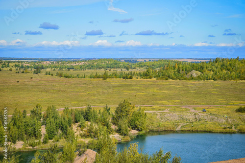 Rural field landscape with a lake, Tula region of Russia