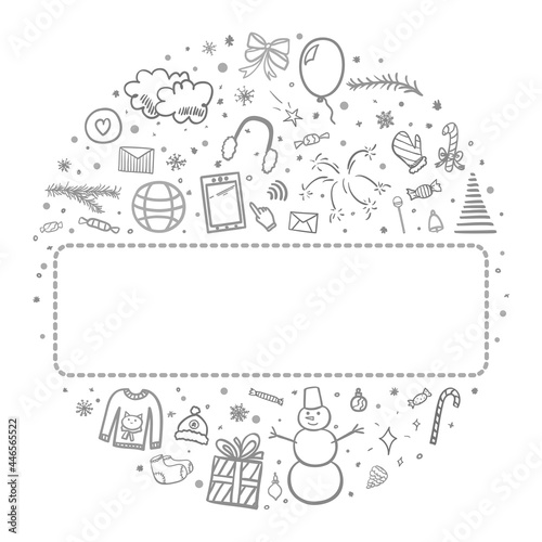 Hand drawn christmas elements. Abstract xmas holiday signs and objects. Freehand drawings. Banner design. Black and white illustration