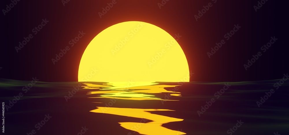 Sunset yellow sun reflection on water surface on background night sky. Tropical sea landscape with moon path in orange light of evening sun 3d illustration. Sunrise over ocean or lake, summer seascape