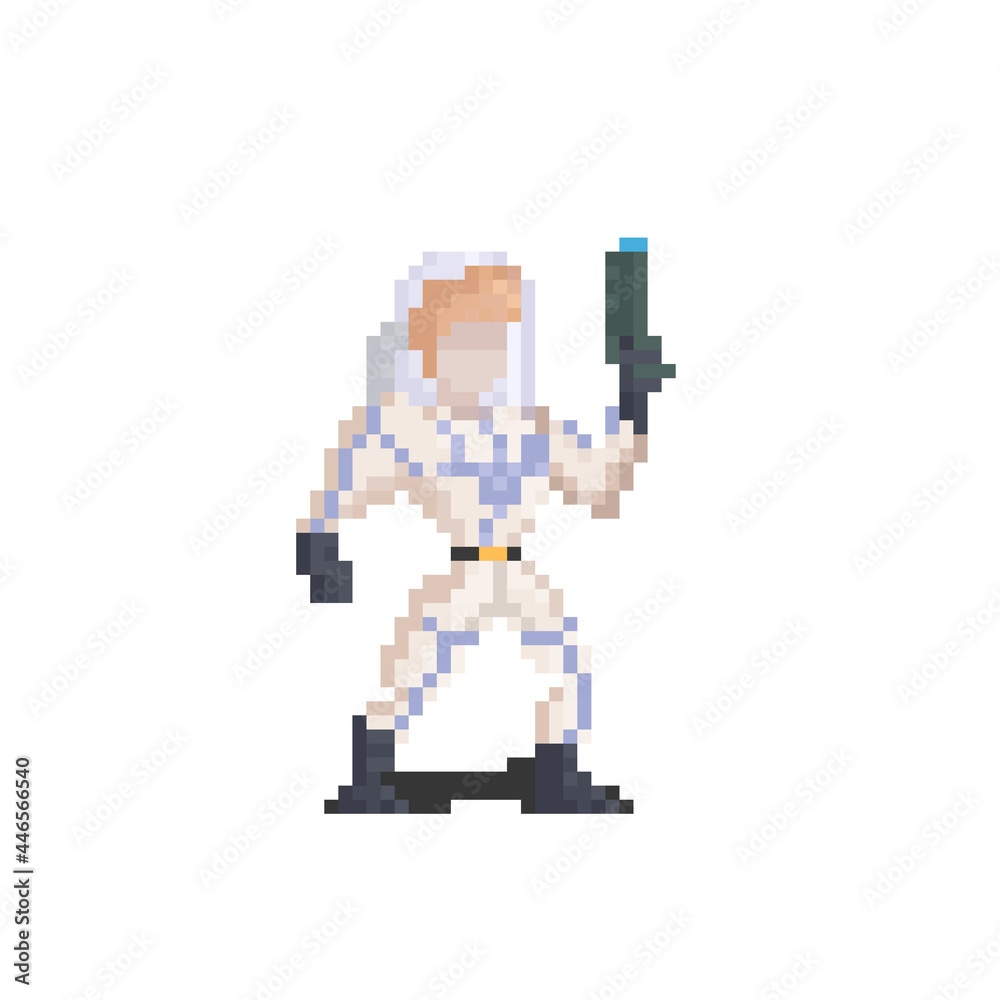 Pixel art carton space man character holding a gun. Pixel art carton space man character holding a gun.