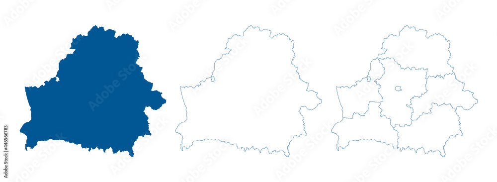 Belarus map vector. High detailed vector outline, blue silhouette and administrative divisions map of Belarus. All isolated on white background. Template for website, design