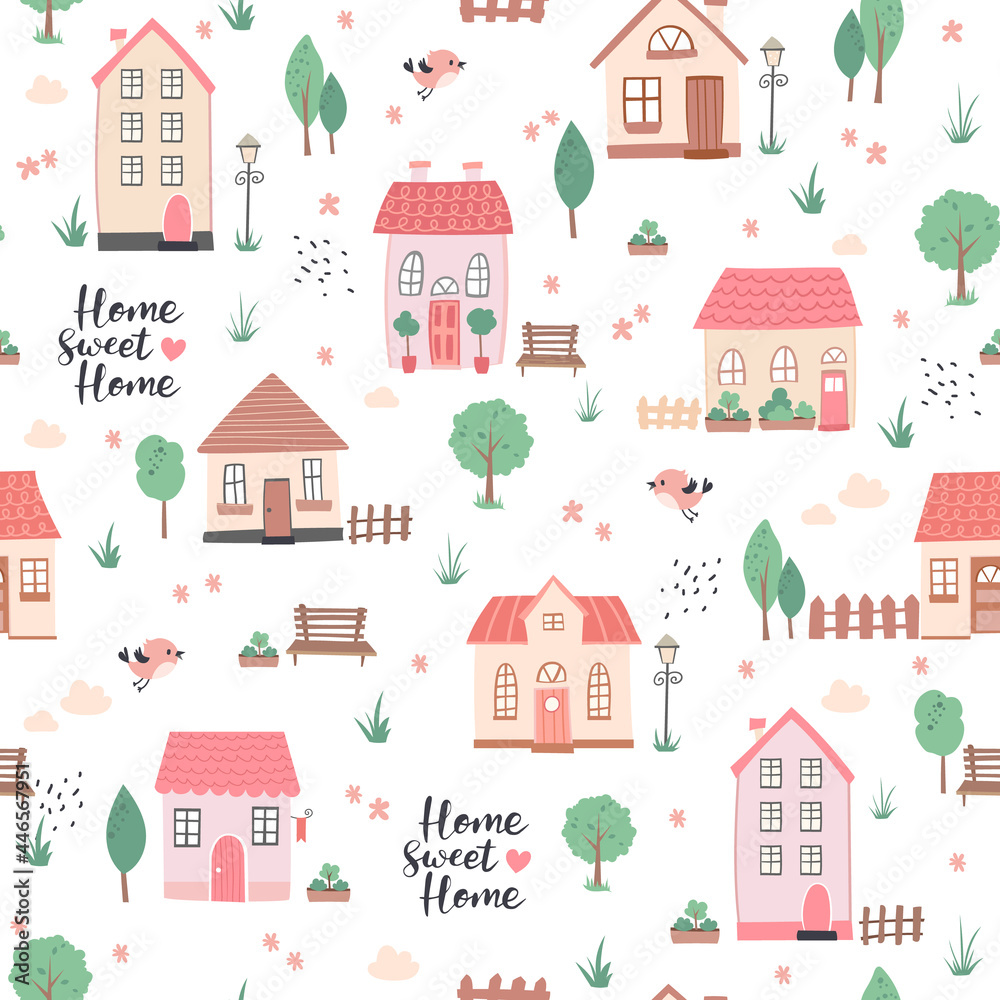 Cute seamless pattern with houses and gardens. Perfect for fabric, textile, wallpaper. Vector Illustration