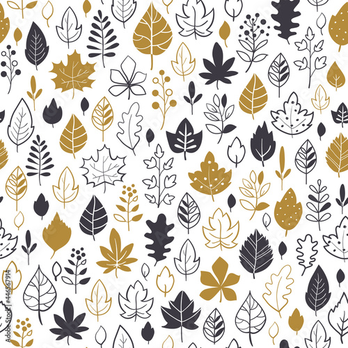 Autumn seamless background with leaf. Perfect for wrapping paper, fabric and textile. Scandinavian style, vector Illustration.