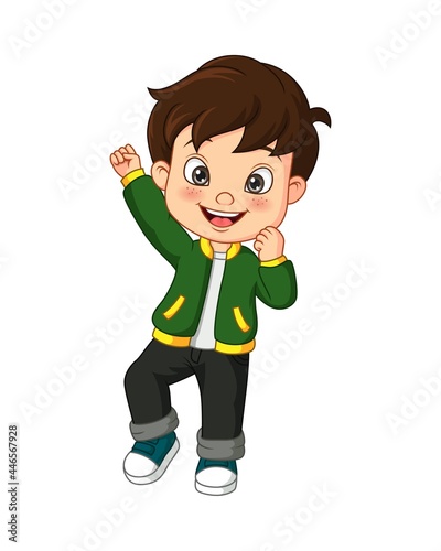 Cartoon happy little boy in green jacket